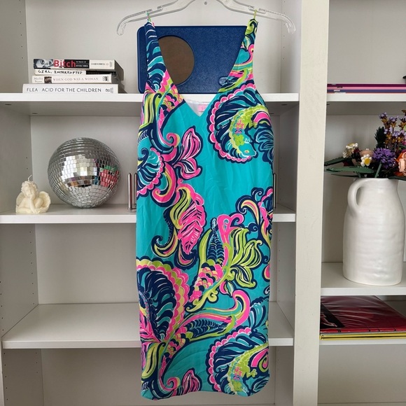 LILLY PULITZER Bailey Sea Blue Private Island Print Silk Dress - Picture 4 of 9